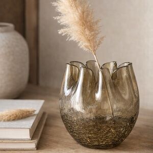 Vintage Hand Blown Crackle Glass Ruffle Vase - Smoky Champagne Art Glass